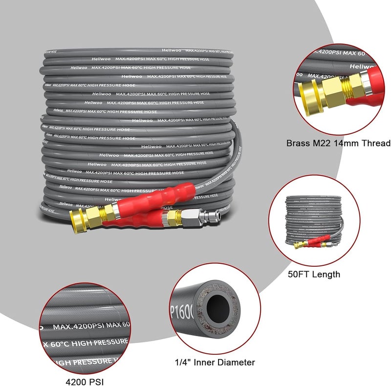Heliwoo خرطوم غسالة ضغط 50 قدم، 4200 PSI خرطوم تمديد غسالة الطاقة مع سلك مضفر 1/4 بوصة عالي الشد، مرن ومقاوم للانحناء، خرطوم بديل ثقيل الوزن مع توصيل سريع 3/8 - Image 4